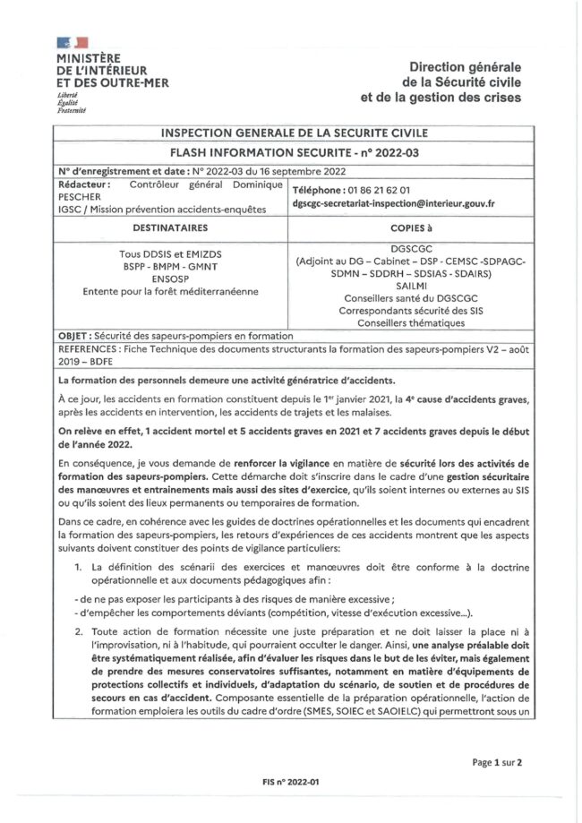 DGSCGC sécurité des sapeurs-pompiers – Flach Info Sécurité n°2022-03-001